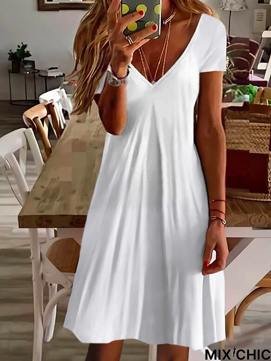 V Neck Plain Casual Short Sleeve Dress