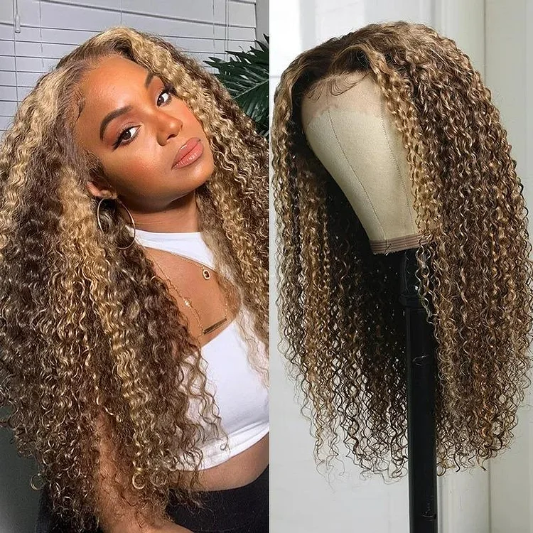 Hightlight Brown Mixed Blonde Brazilian Water Wave Long Hair Curly Wig