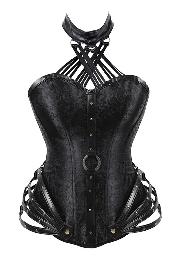 Gothic Plus Size Black Party Halter Buckle Straps Lace Back Lace Up Side Zipper Corset
