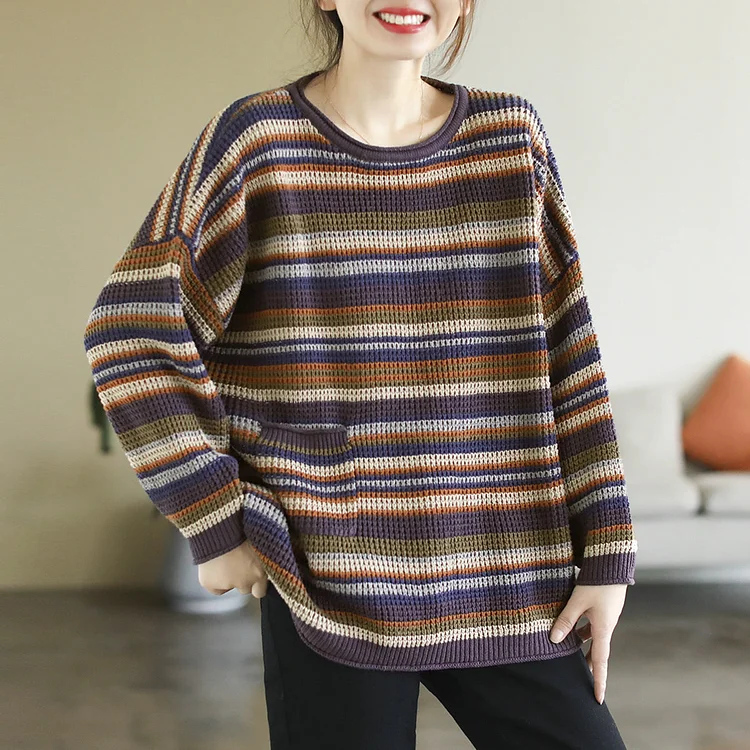 Colorful Red Striped Cotton Knitted Sweater