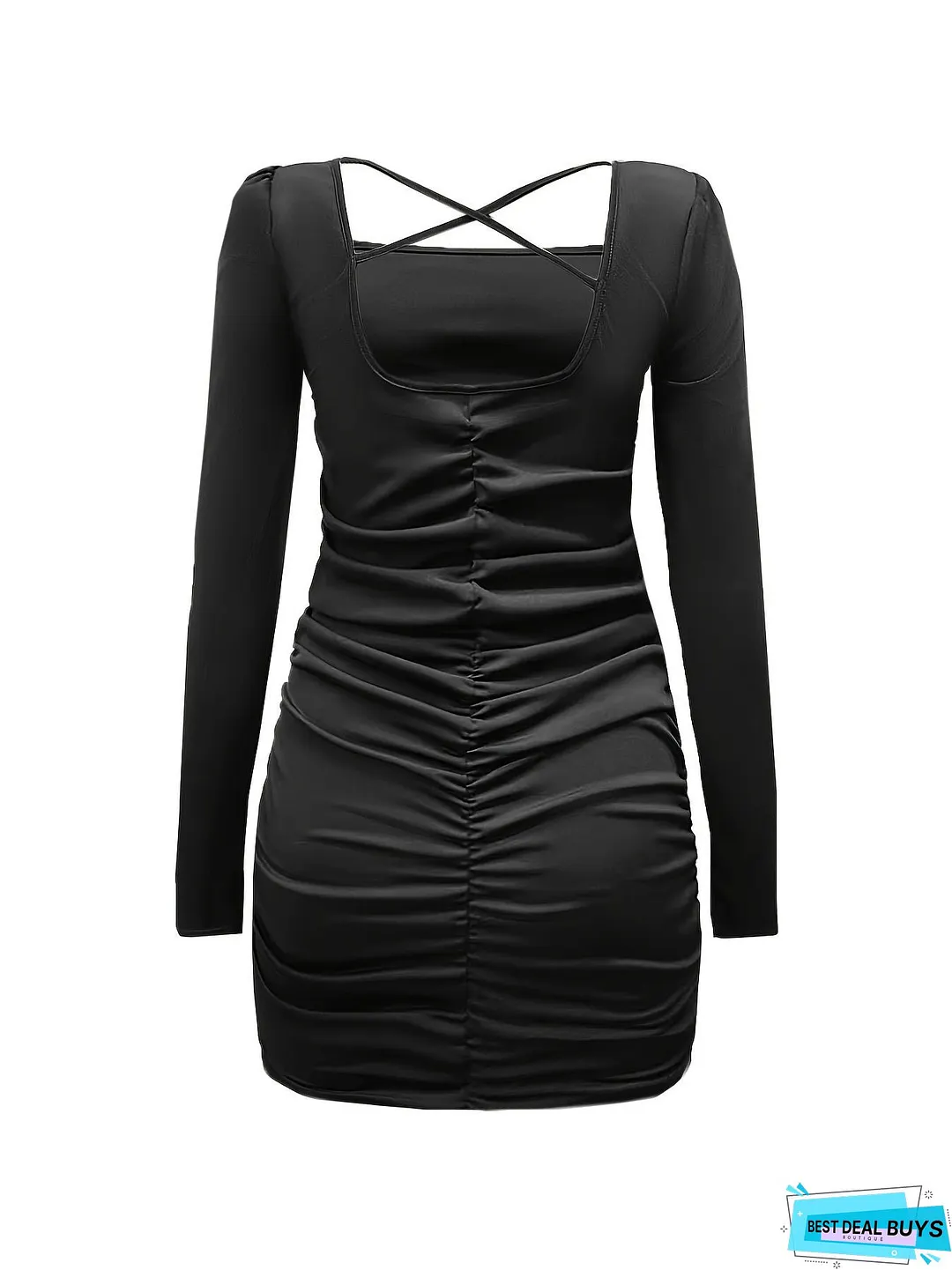 Backless Ruched Dress, Sexy Squared Neck Long Sleeve Bodycon Dress, Women's Clothing