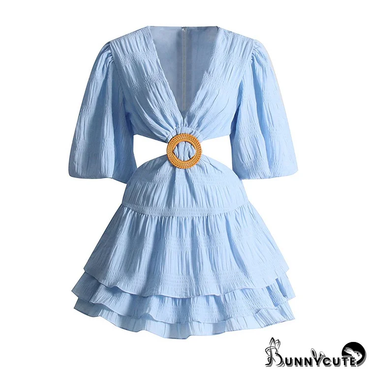 Women French Vintage Fall Cut Out V-Neck Balloon Sleeve Sexy Mini Dress