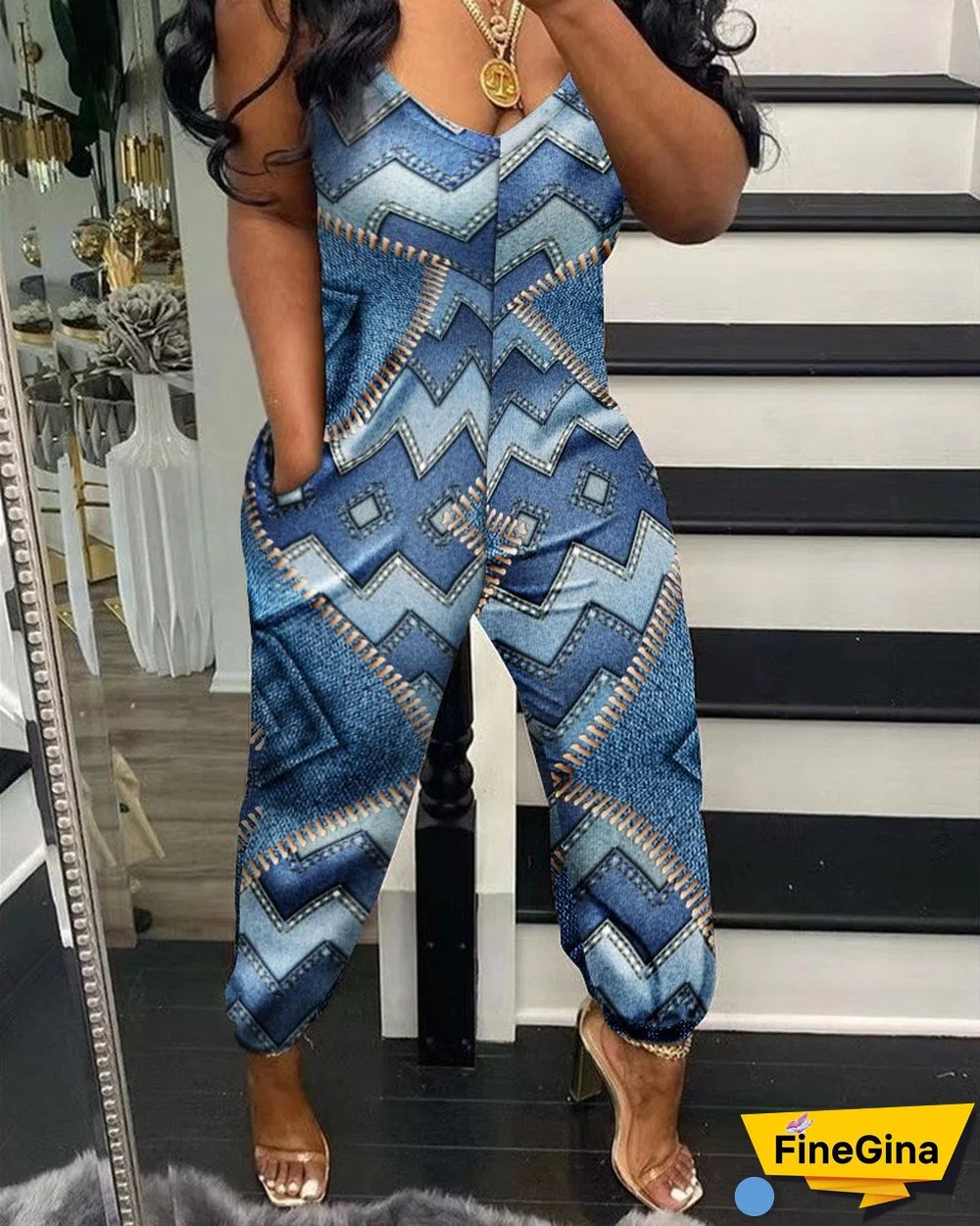Geometric Print Pocket Design Sleeveless Jumpsuit