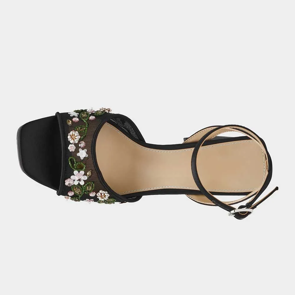 Black Square Toe Platform Floral Detail Ankle Strap Women Sandals