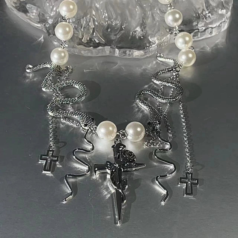 Sweet Cool Style Cross Rose Snake Imitation Pearl Alloy Plating Women's Necklace3
