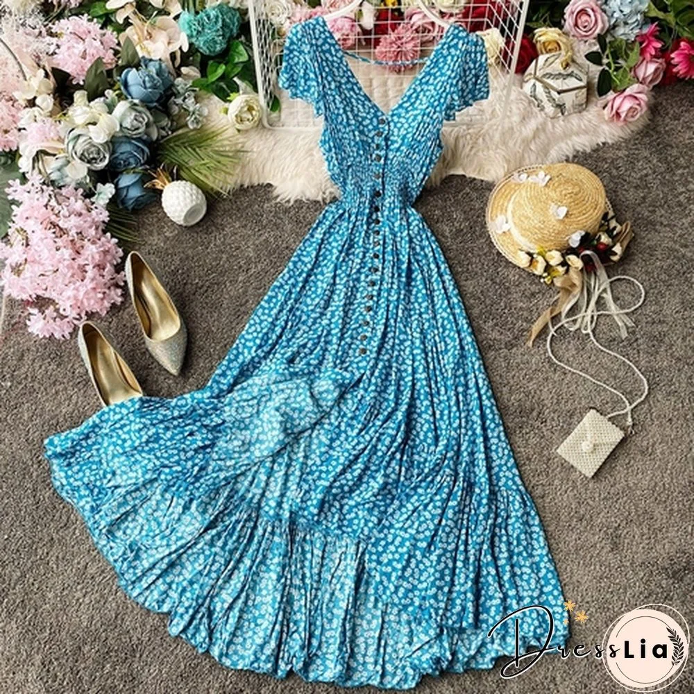 Summer Floral Maxi Dress Women Bohemian Irregular Cotton Backless Ruffle Long Dress Vintage Long Pleated Print Beach Sundress