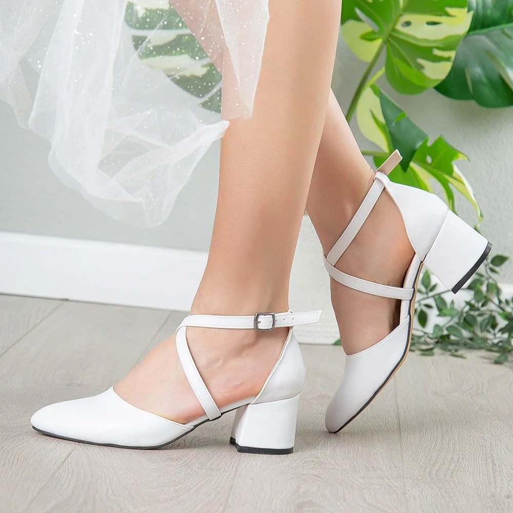 YDN Elegant White Almond Toe Crossed Strap Wedding Chunky Heels
