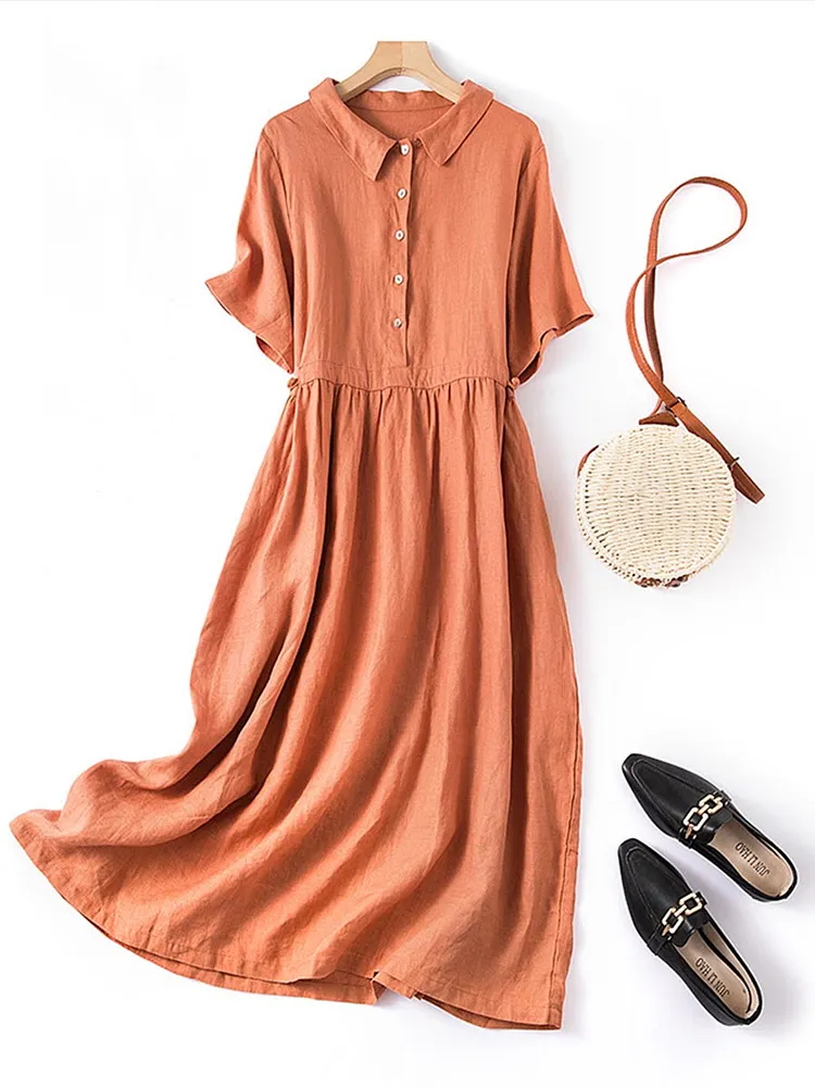 Women&lsquo;s  Solid Color Lapel Short Sleeve Loose Single Breasted Linen Dress