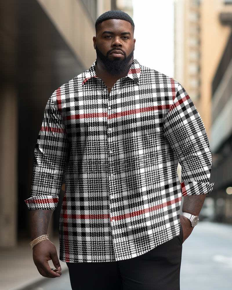 Men's Plus Size Casual Black Plaid Long Sleeve Lapel Long Sleeve Shirt