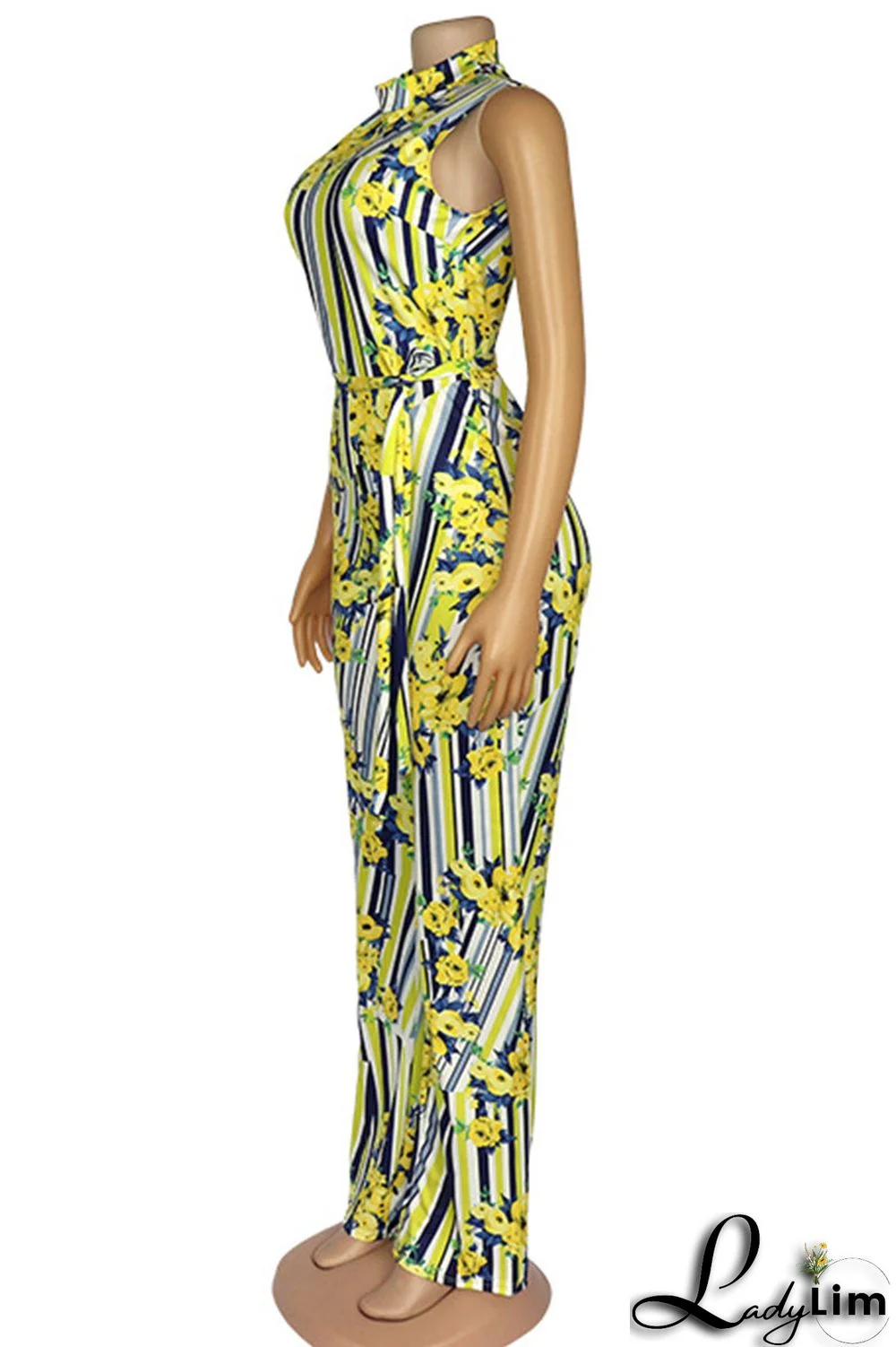 Colour Casual Print Patchwork Half A Turtleneck Straight Jumpsuits