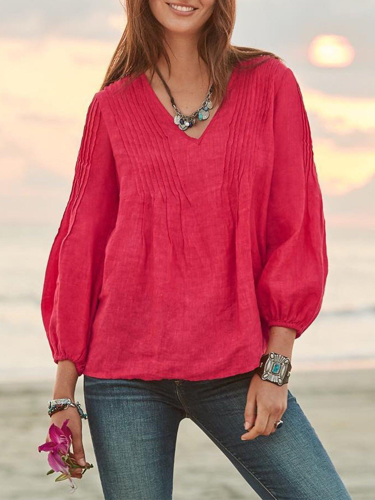 Women's Thin Solid Cotton Casual Tops
