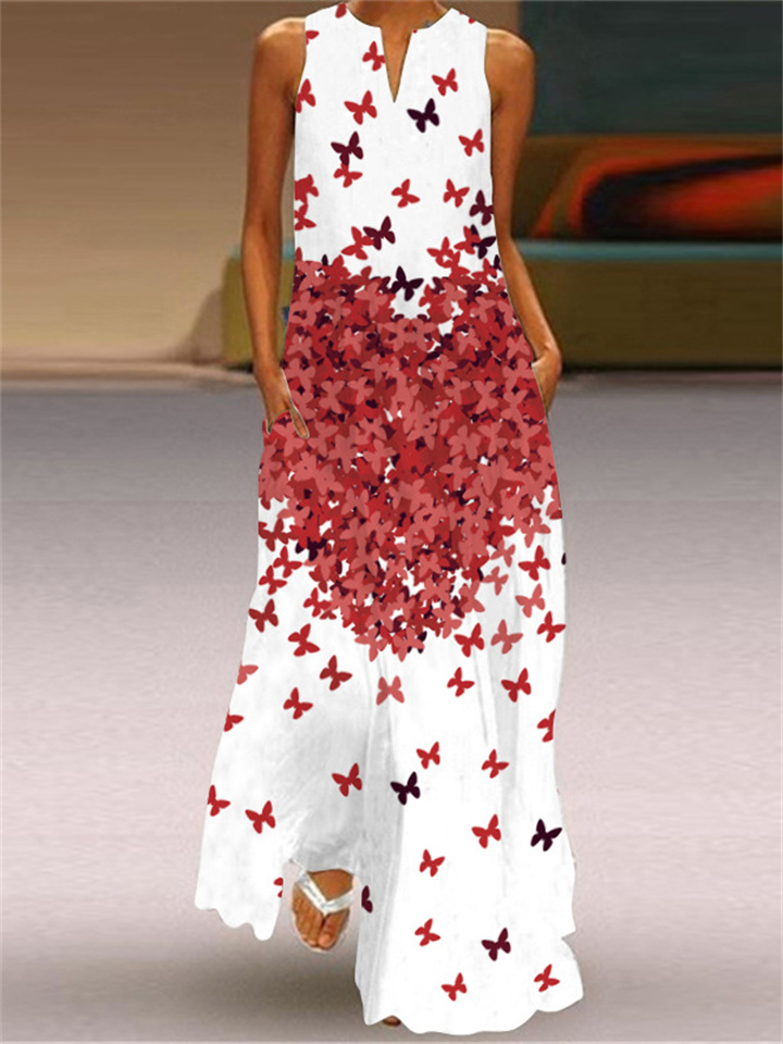Women's Long Dress Maxi Dress Casual Dress Print Dress Feather Casual Outdoor Holiday Vacation Pocket Print Sleeveless V Neck Dress Regular Fit White Red Blue Summer Spring S M L XL XXL