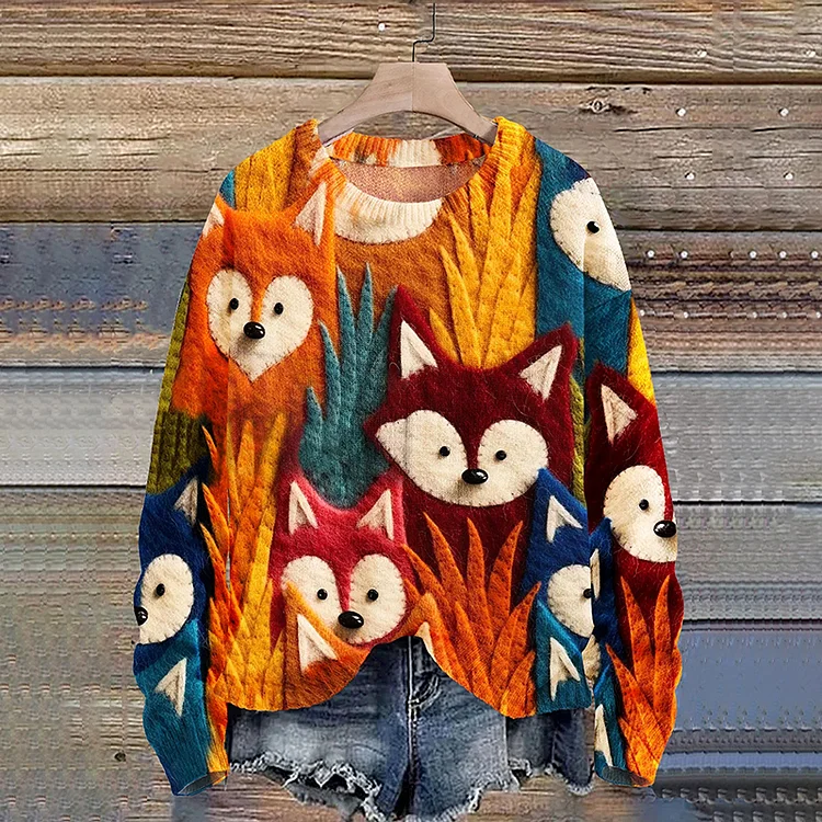Comstylish Fox Seamless Pattern Print Knit Pullover Sweater