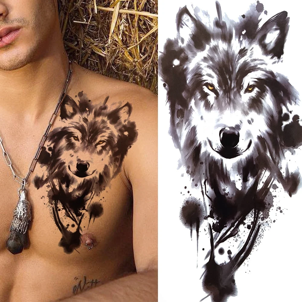 Sexy Rose Lion Flower Temporary Tattoos For Women Men Kids Boys Realistic Fake Wolf Tattoo Sticker Black Cross Compass Tatoos