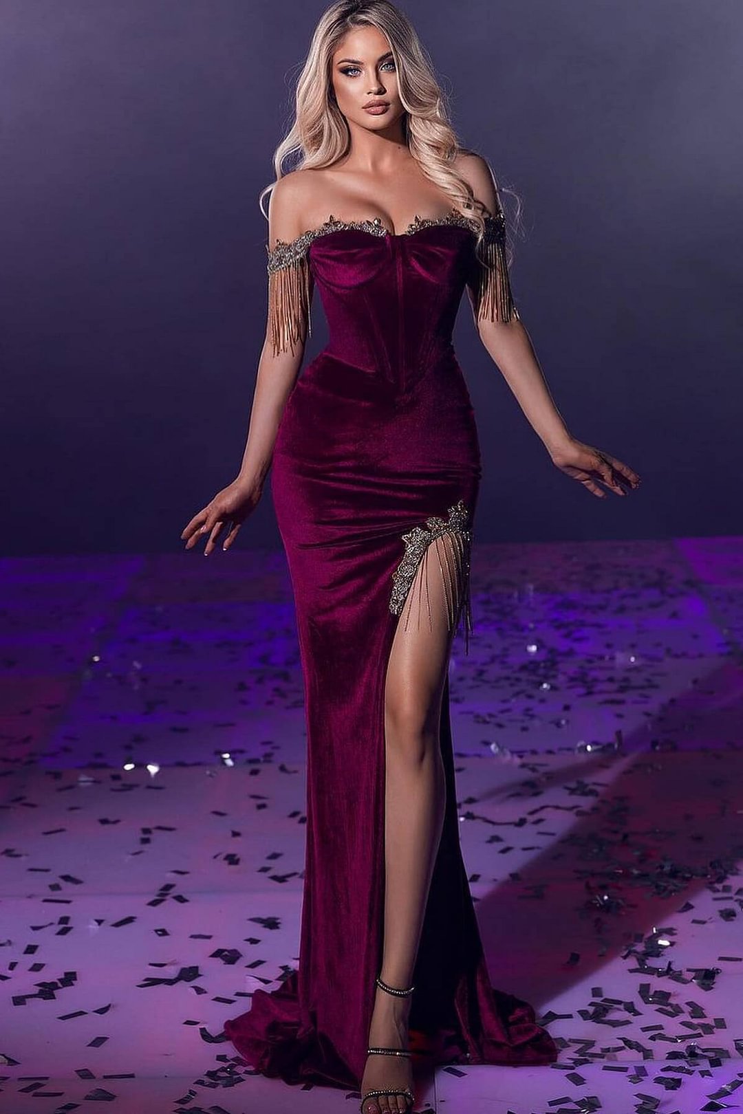 Glamorous Off-The-Shoulder Mermaid Slit Prom Dress Beads With Rhinstone Tassels ED0406