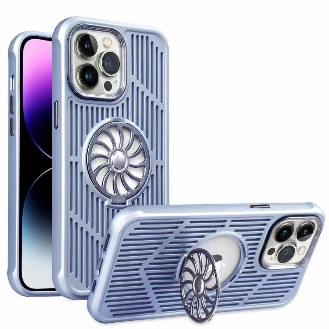 Electroplating Transparent Hollow Air Cushion Fan Cooling Phone Case With Kickstand For IPhone 14/14 Pro/14 Pro Max/14 Plus/13/13 Pro/13 Pro Max