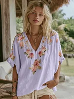 Women's Vintage Floral Art Linen Short Sleeve T-shirt - Image 5