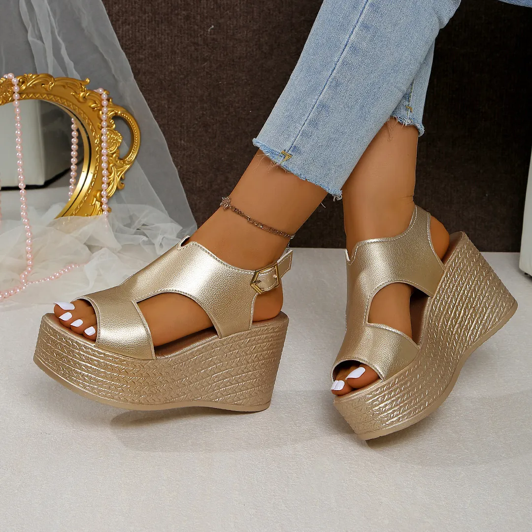 Breakj Breakj Sandals Women's Large Code 2025 Summer New Sloped Sandals High Heel Waterproof Table Buckle Women's Shoes