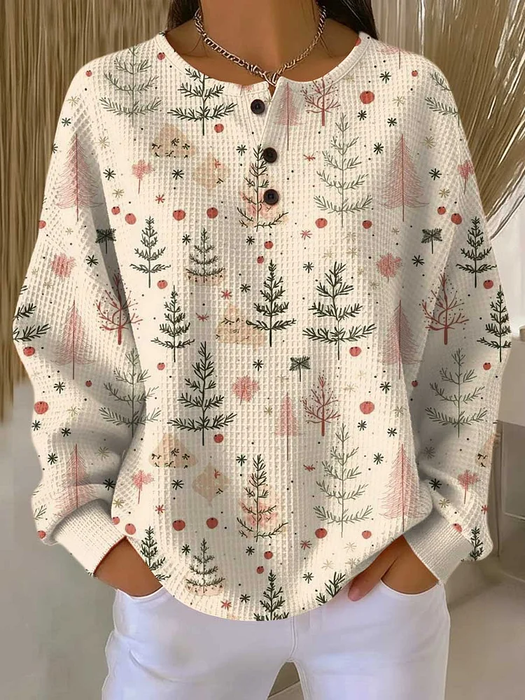 Women's Christmas Tree Art Print Casual Waffle Henry Collar Sweatshirt