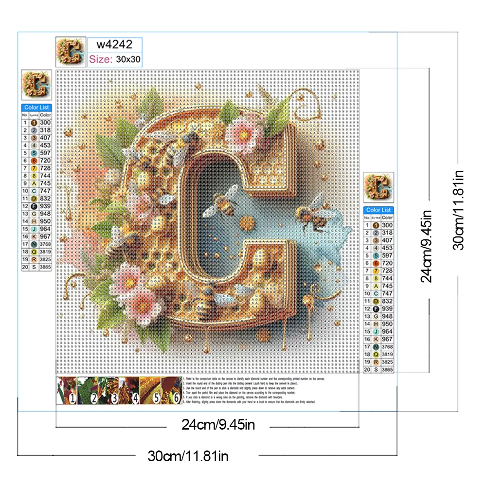 Full Round Diamond Painting 30*30cm - Bee Letter C