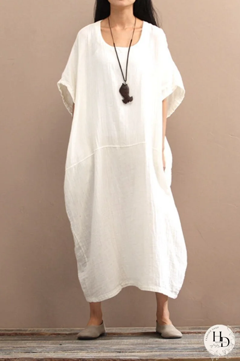 White Loose Cotton Long Dress Plus Size Women Dress