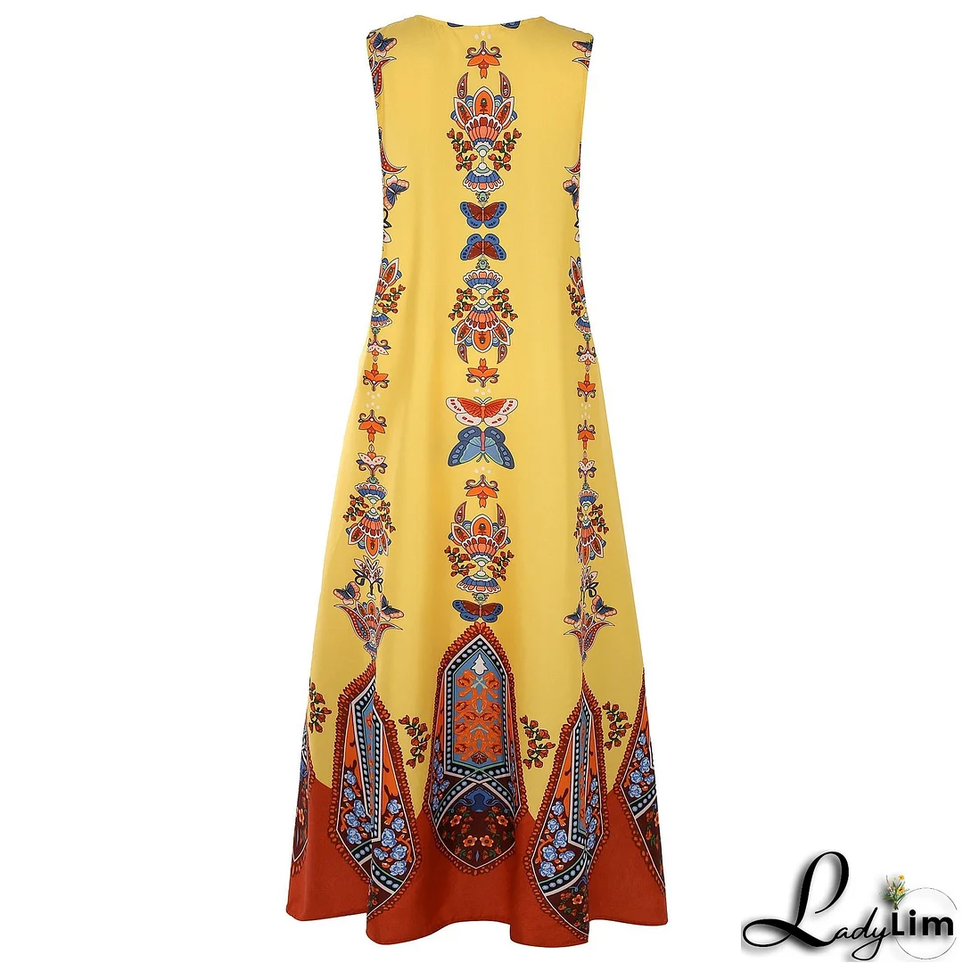 Vintage print dress V-neck sleeveless