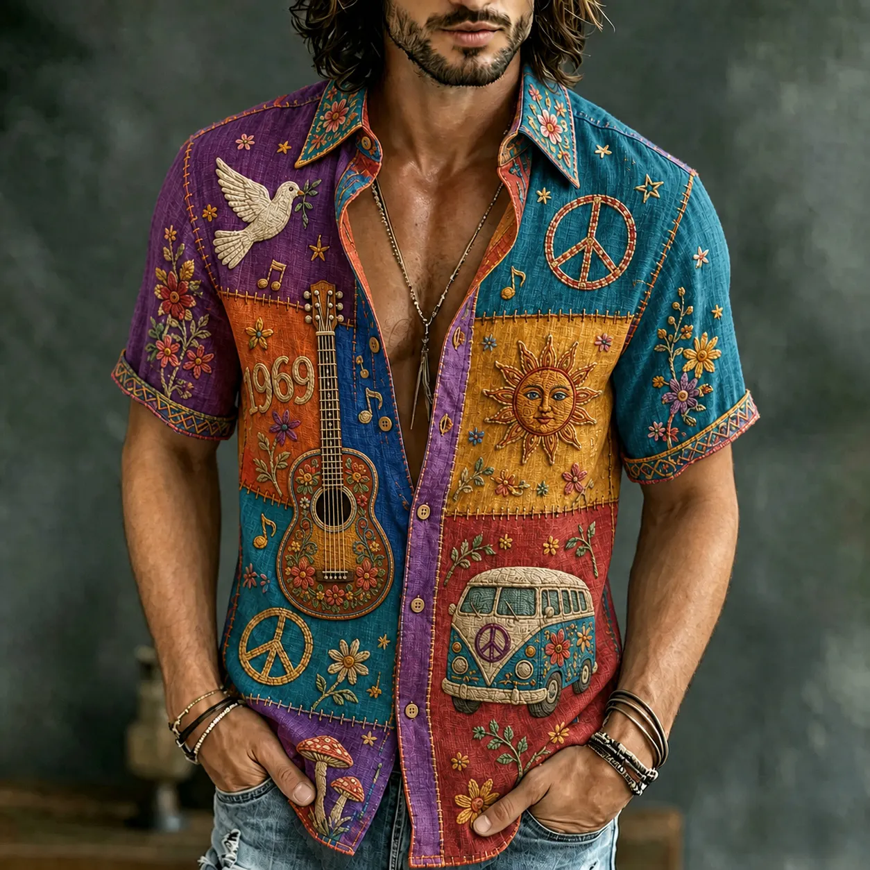 Comstylish Men's Retro Hippie Peace Sign And Guitar Patchwork Print Short-sleeve Shirt