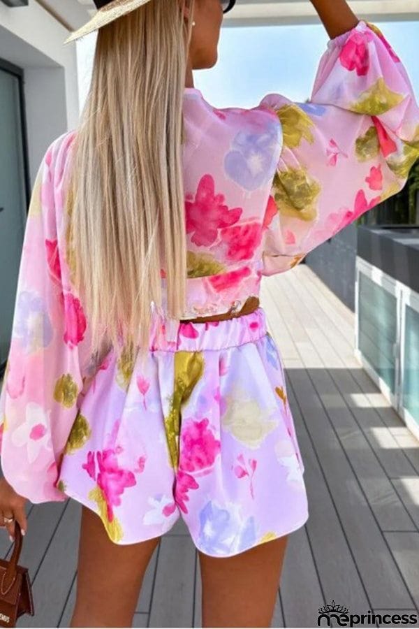 Floral Printed Balloon Sleeve V Neck Shirt Elastic Waist Straight Leg Shorts Set