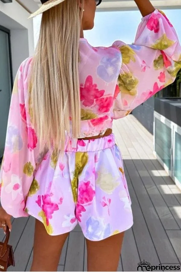 Floral Printed Balloon Sleeve V Neck Shirt Elastic Waist Straight Leg Shorts Set