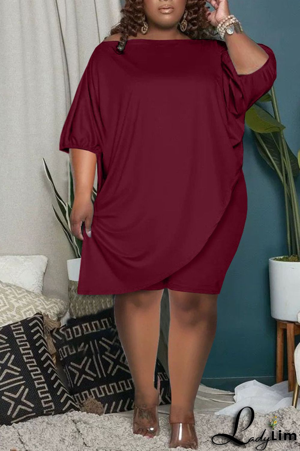 Burgundy Casual Solid Split Joint Asymmetrical Oblique Collar Plus Size Two Pieces