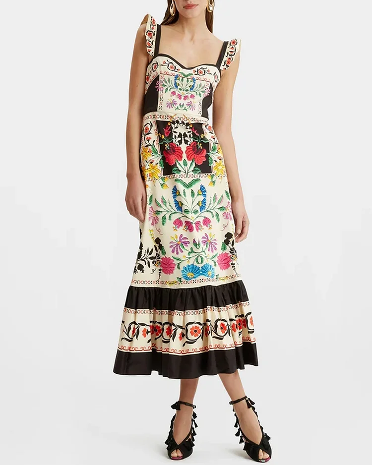 Women's fashionable loose printed suspender dress