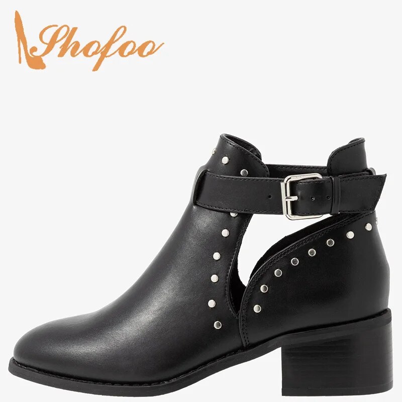 TAAFO Ladies Casual Booties Shoes Black Rivets Ankle Boots Woman Buckle Strap Med Chunky Heels Round Toe 