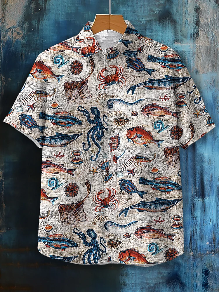 Men's Seaside Mosaic Art Print Short Sleeve Shirt