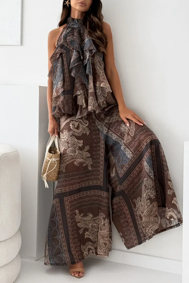 Women&rsquo;s Neck-Hanging Printed Two-Piece Set &mdash; Boho Irregular Ruffle Top & Wide-Leg Pants