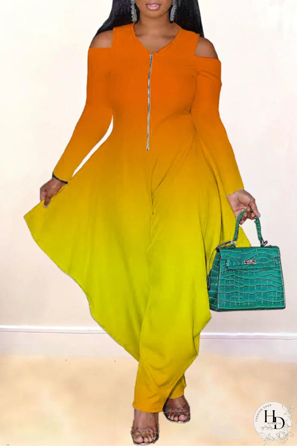 Blue Fashion Casual Gradual Change Print Hollowed Out V Neck Regular Jumpsuits