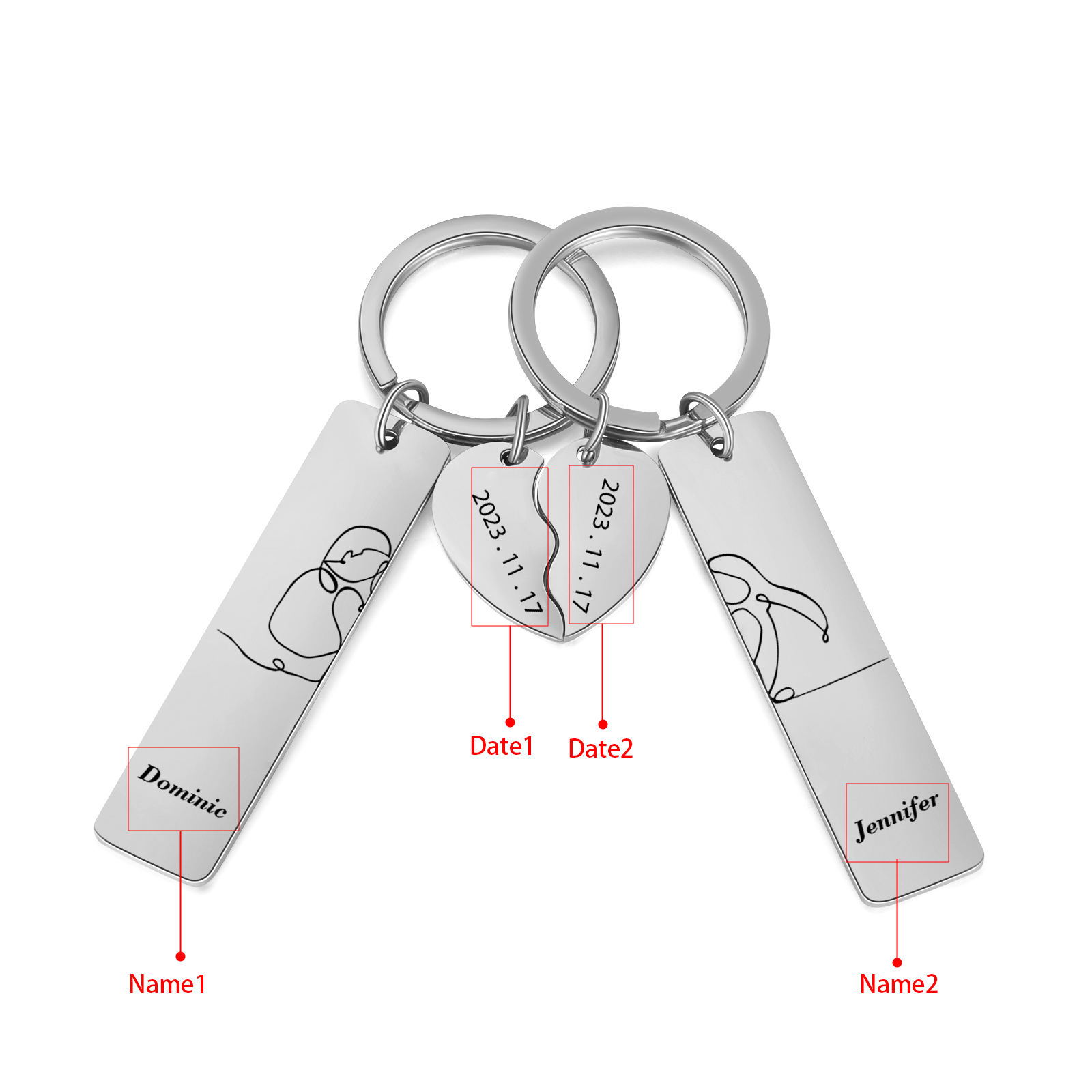 Personalised Couple Keychain Custom 2 Names & 2 Dates Keyring Heart Valentine's Day Gift for Him/Her-Jessemade AU