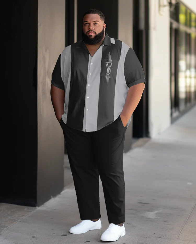 Men's Plus Size Color Block Bowling Casual Business Short Sleeve Shirt and Pants Suit
