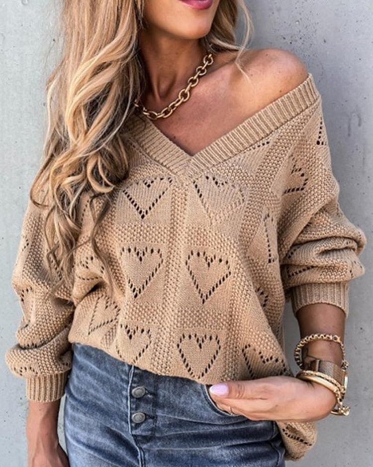 Heart Pattern Hollow Out Rib-Knit Sweater - Shop Trendy Women's Clothing | LoverChic