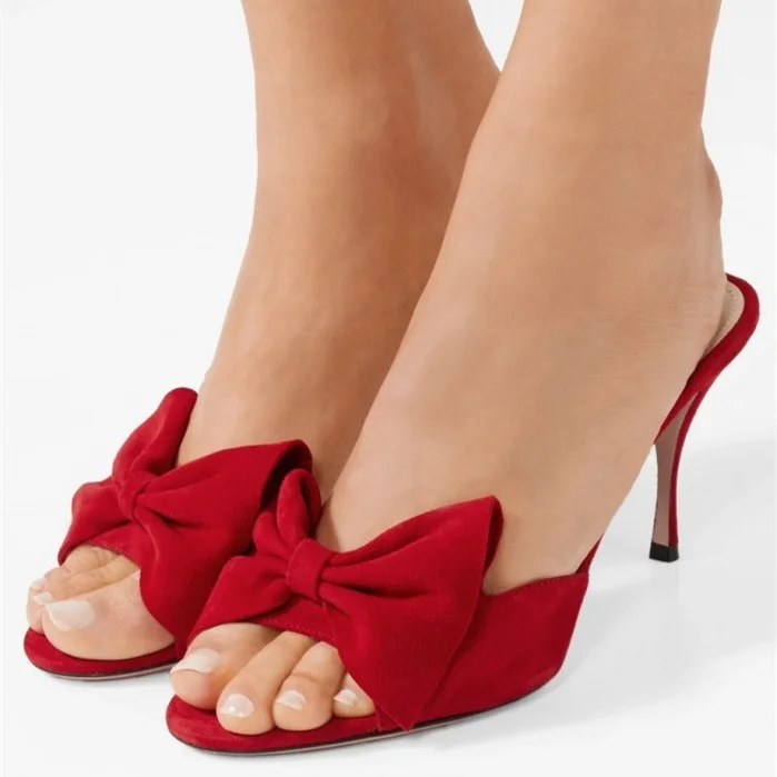 Red Vegan Suede Bow Mule Heels |FSJ Shoes