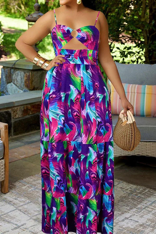 Feather Print Colorful Tiered Ruffle Maxi Dress