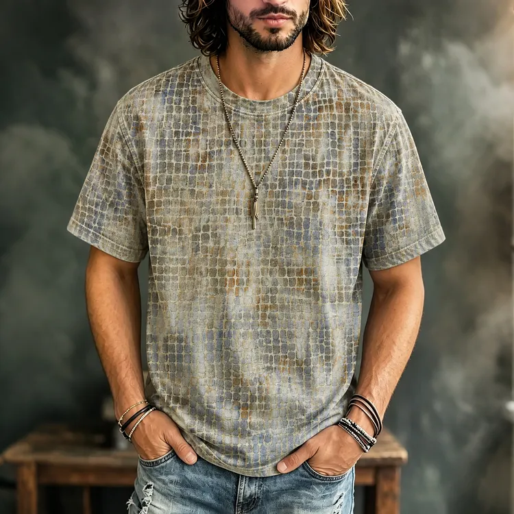 Men's Retro Geometric Gradient Art Print Casual T-shirt
