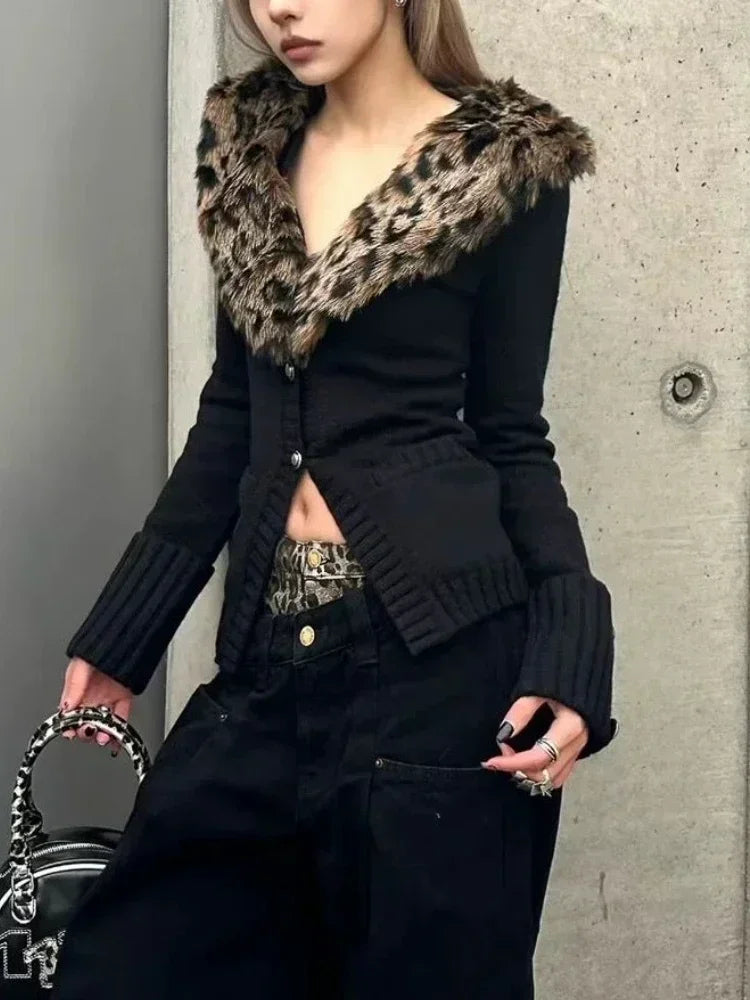 Leopard Cardigan Women Japanese Gyaru V-neck Long Sleeve Streetwear Slim Sexy Cardigan Sweater Y2k Vintage Top Autumn Aiertu