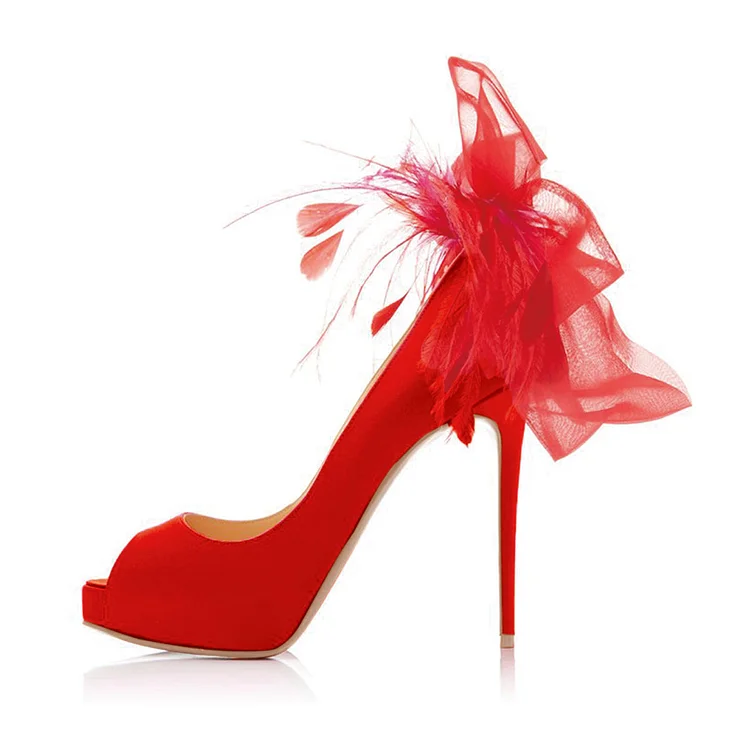 Red Evening Shoes Peep Toe Back Bow Embellished Stiletto Heel Pumps |FSJ Shoes