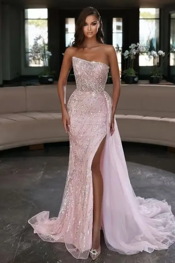 Tulle Strapless Sleeveless High-Waisted Long A-Line Prom Dress With Rhinestones And High Slit | ED0329 Wellcucu
