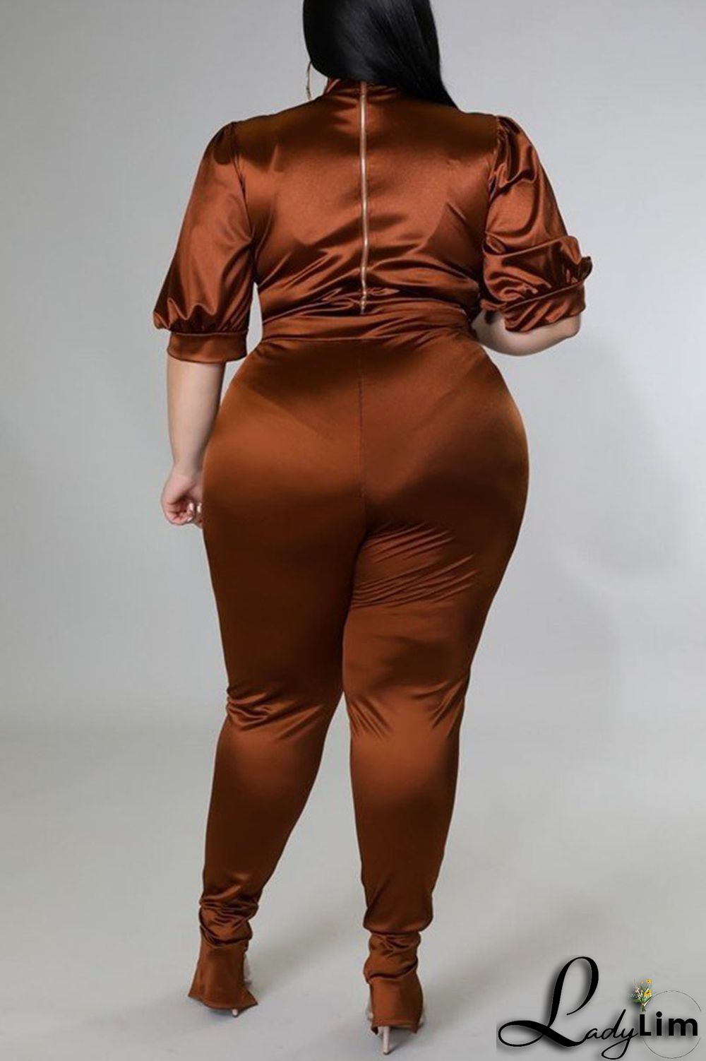 Coffee Casual Solid Patchwork Half A Turtleneck Plus Size Two Pieces