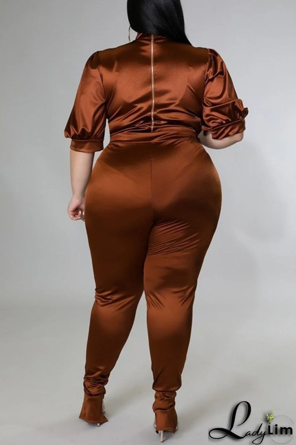 Coffee Casual Solid Patchwork Half A Turtleneck Plus Size Two Pieces