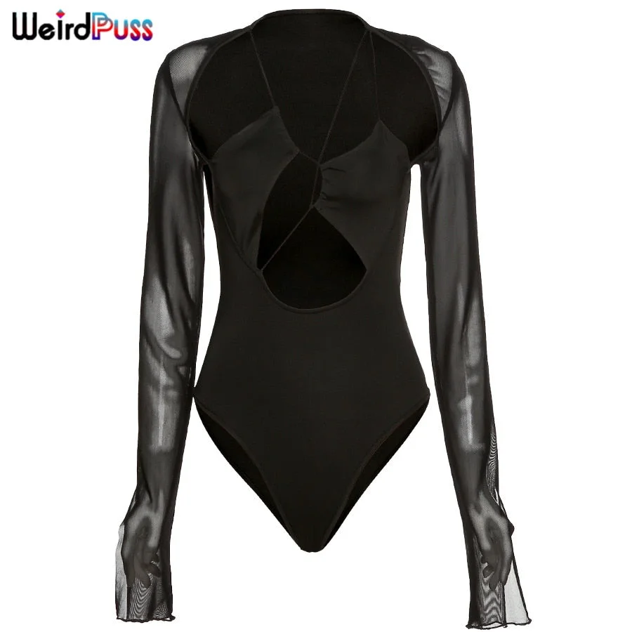 Weird Puss Women Sexy Mesh Patchwork Bodysuits Hollow Out Skinny Lace Long Sleeve Chic Spring Fashion Party Stretchy Clubwear
