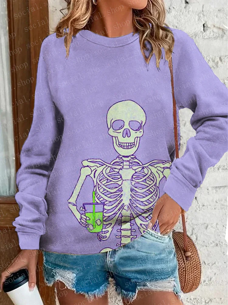 Women's Halloween Fun Drink Skull Crew Neck Sweatshirt socialshop