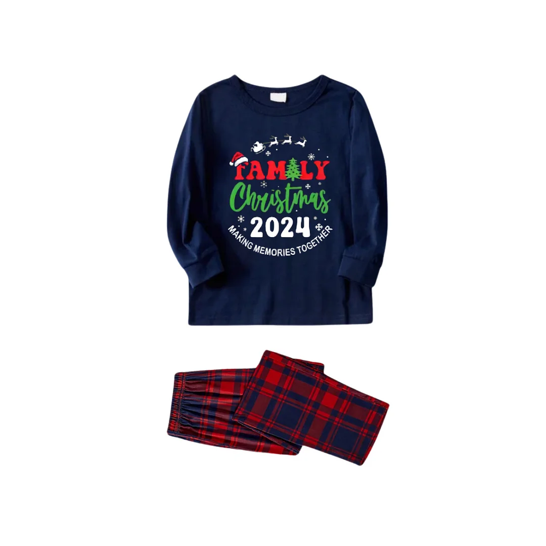"Family Christmas 2024" Printed Red and Blue Plaid Christmas Matching Pajamas