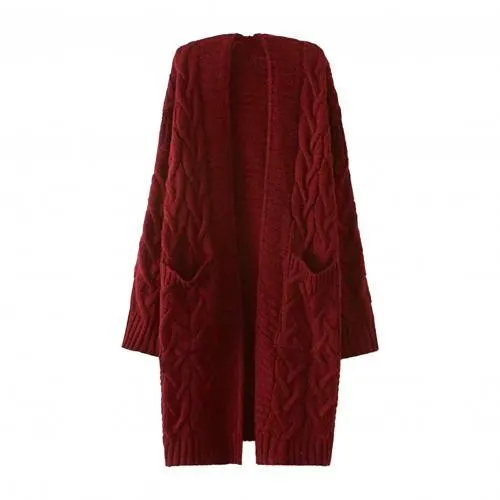 Women Autumn Winter Pockets Cardigan Long Sleeve Twist Knitted Mid-length Coat 2021